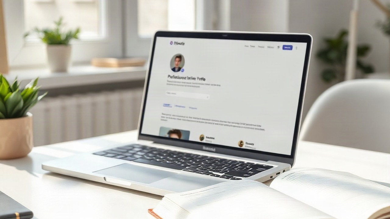 A laptop showing a clean professional profile page